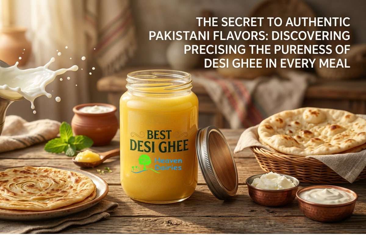 Glass jar of pure golden desi ghee with paratha and fresh dairy items on wooden table in Pakistan.