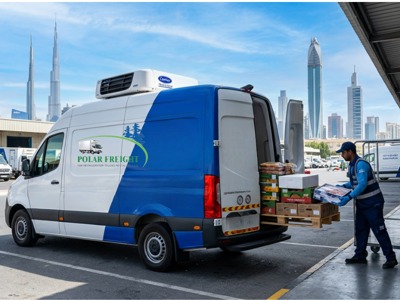 Temperature-controlled chiller van for rent in Dubai by Polar Freights delivering frozen and fresh products safely across the UAE.