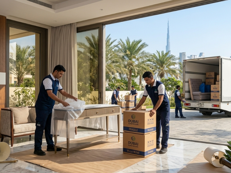 Professional villa movers in Dubai packing and transporting luxury household items safely