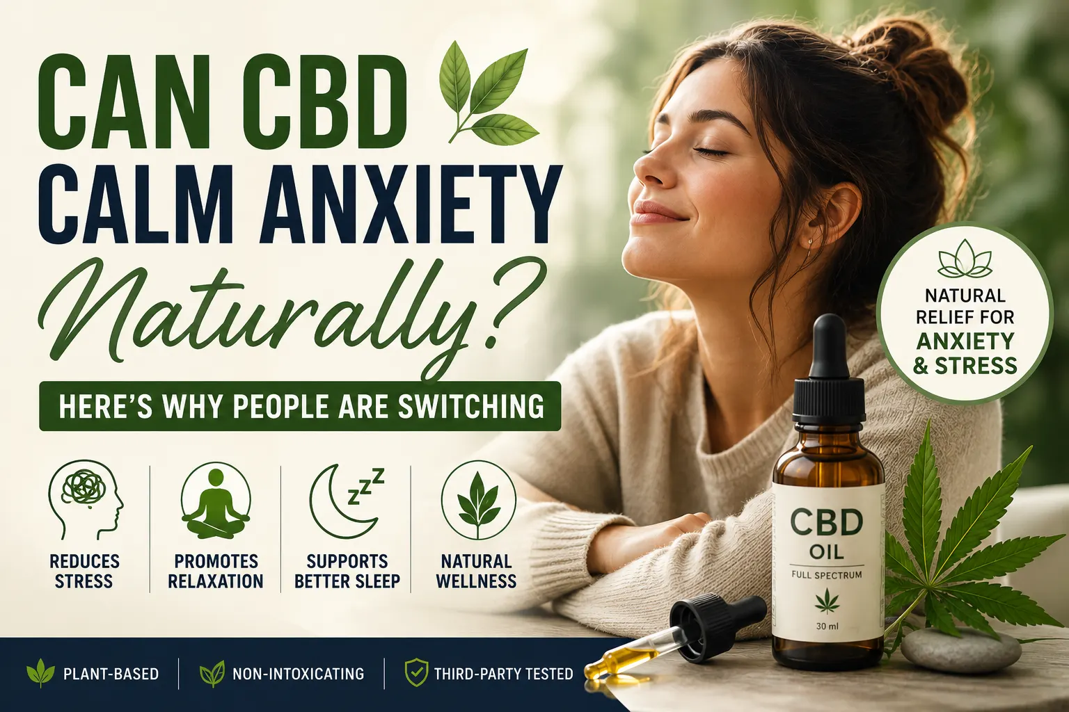 Woman feeling calm and relaxed with CBD oil bottle beside her promoting natural anxiety and stress relief