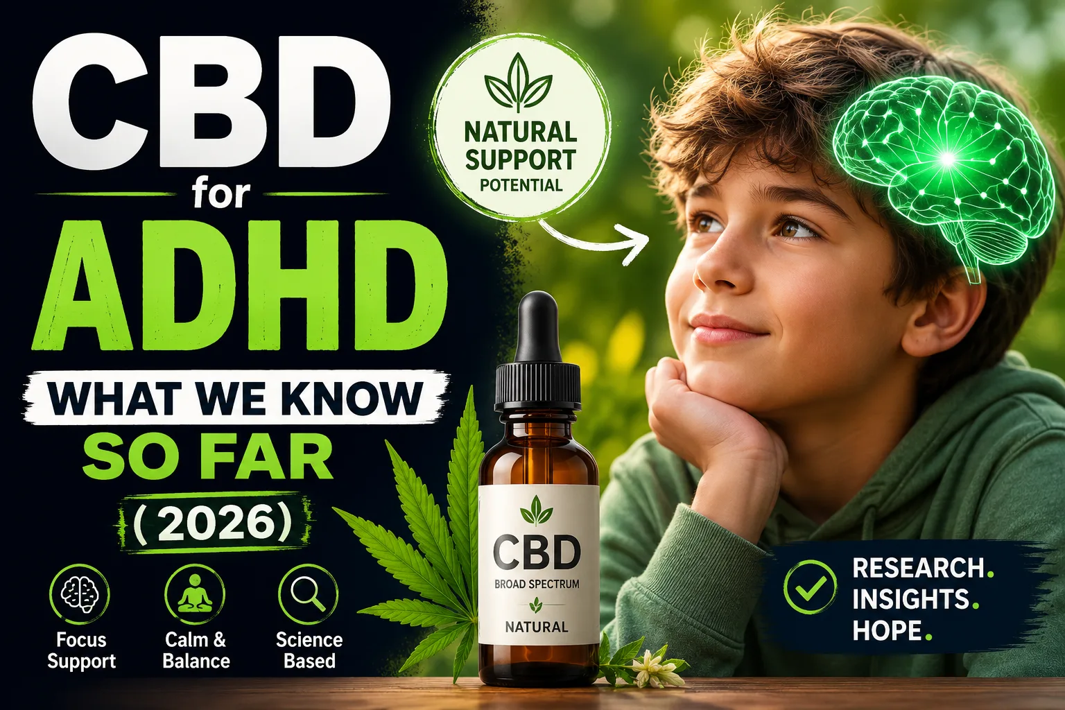 Young child thoughtfully looking ahead beside a CBD oil bottle with glowing brain graphic and bold text reading “CBD for ADHD: What We Know So Far (2026)” in a modern green and black design.