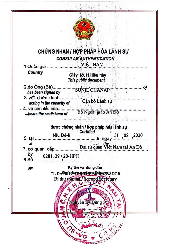 Vietnam Embassy Attestation Document Image