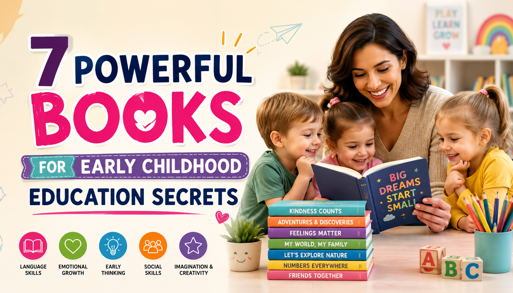 Teacher reading colorful preschool books with happy young children in a bright classroom, promoting books for early childhood education.