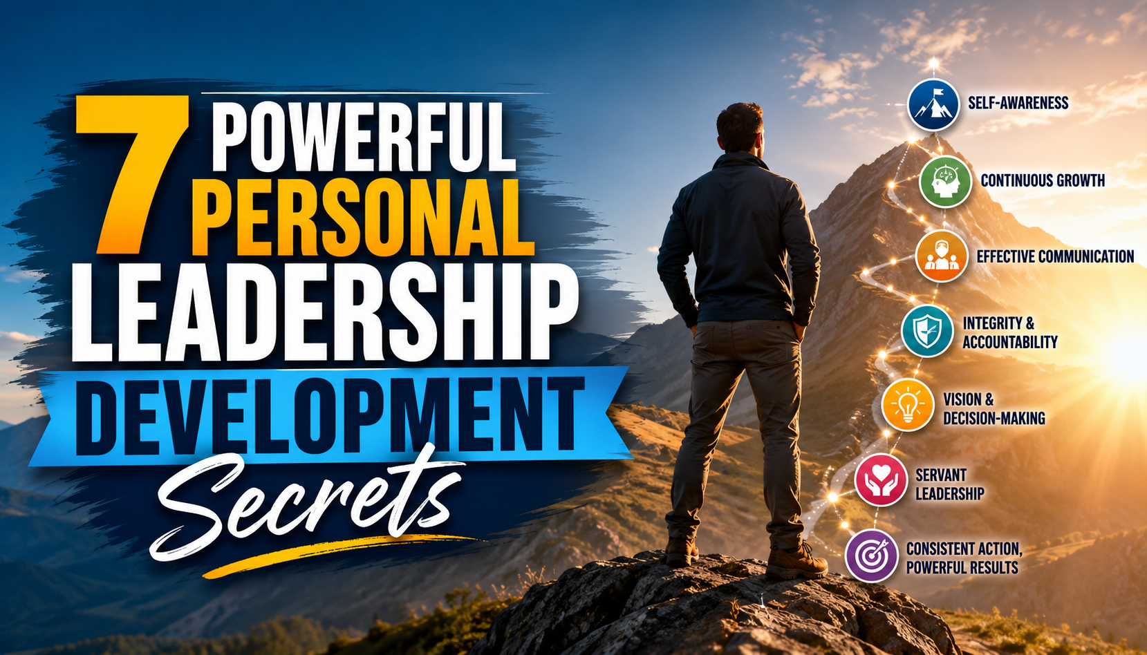 Personal leadership development thumbnail showing a leader on a mountain with growth icons and bold title text.