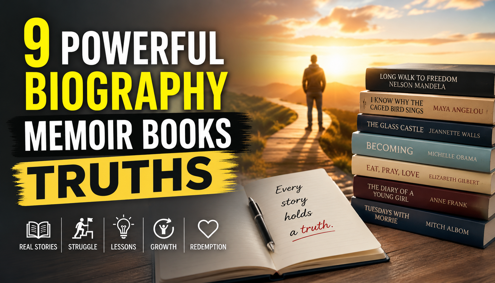 Professional blog thumbnail for “9 Powerful Biography Memoir Books Truths,” showing memoir books, an open journal, and a person walking toward sunrise to symbolize real stories, growth, struggle, and redemption.