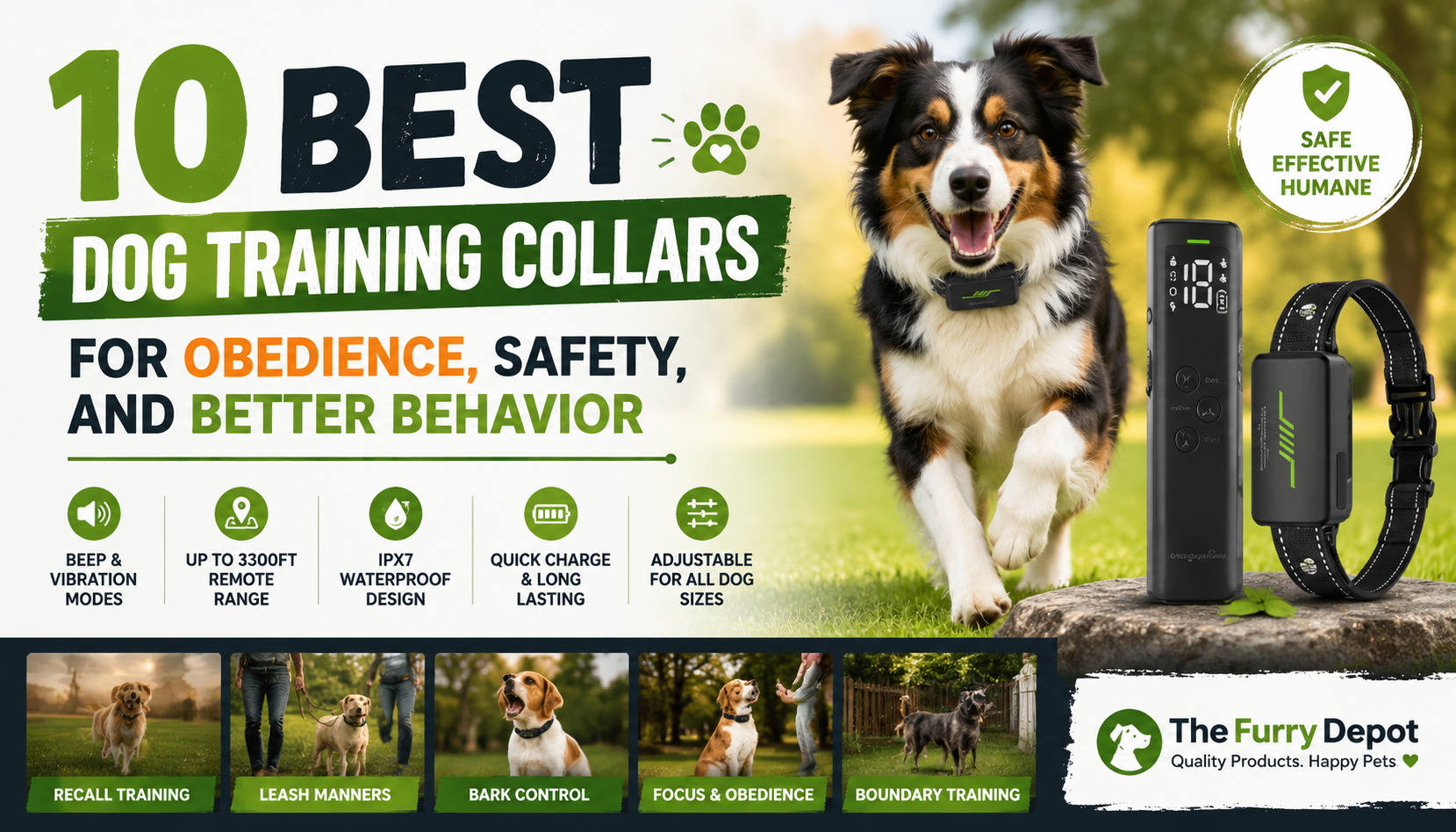 Professional blog thumbnail featuring a dog training collar set with remote control and adjustable strap, alongside a happy dog running in a park, highlighting “10 Best Dog Training Collars for Obedience, Safety, and Better Behavior” with icons for beep, vibration, waterproof, and long-range training features.