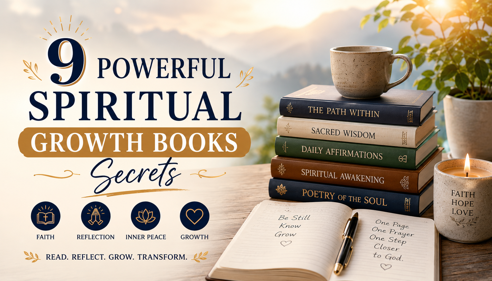 Spiritual Growth Books blog thumbnail featuring stacked spiritual books, a journal, candle, coffee cup, and peaceful mountain background with the title 9 Powerful Spiritual Growth Books Secrets.