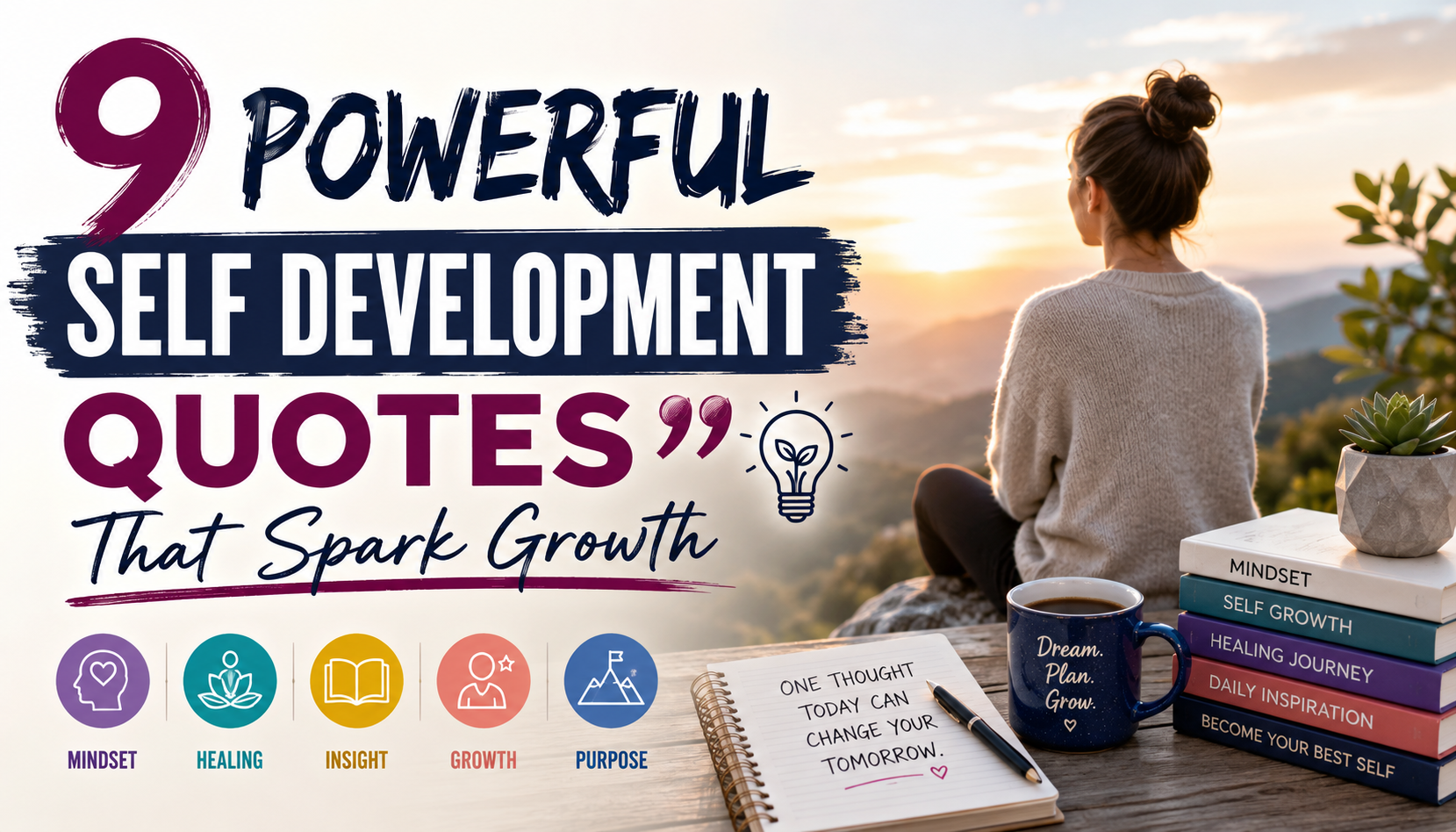 Professional blog thumbnail for “9 Powerful Self Development Quotes That Spark Growth,” showing a woman reflecting at sunrise with books, a journal, and growth-themed icons.