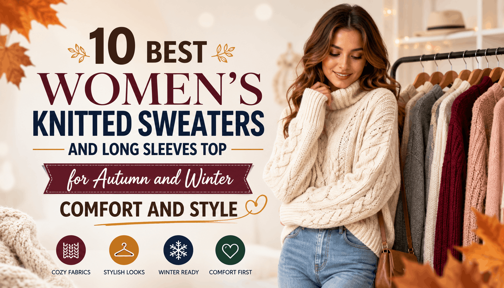 A professional fashion blog banner showing a woman wearing a cozy knitted sweater beside a rack of autumn and winter knitwear, with bold headline text “10 Best Women’s Knitted Sweaters and Long Sleeves Top for Autumn and Winter Comfort and Style” on a warm, modern lifestyle background.