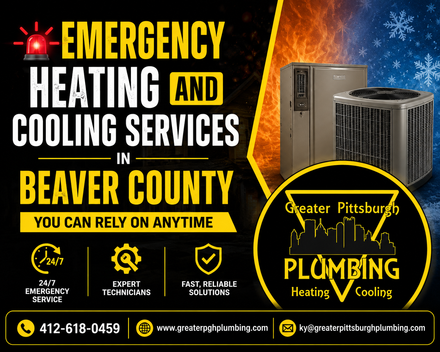Emergency Heating and Cooling Services in Beaver County by Greater Pittsburgh Plumbing – 24/7 HVAC emergency repair, heating, cooling, and maintenance services.