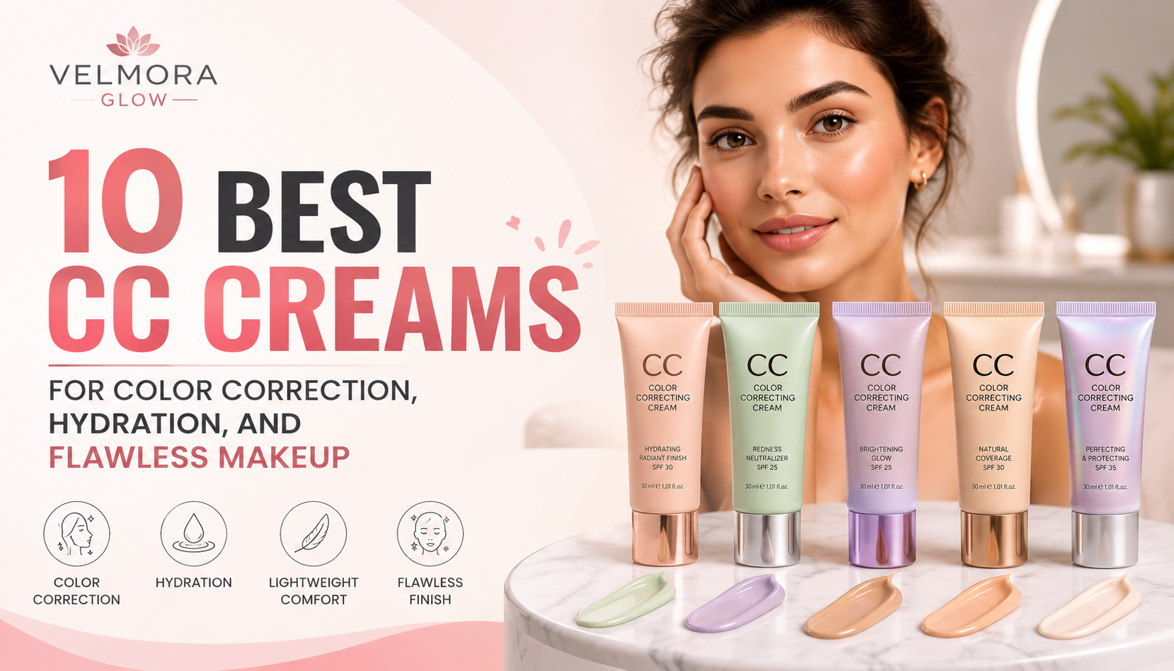 Professional beauty blog banner featuring “10 Best CC Creams for Color Correction, Hydration, and Flawless Makeup” with a glowing model and multiple CC cream tubes arranged on a clean pink-toned background for Velmora Glow skincare brand.