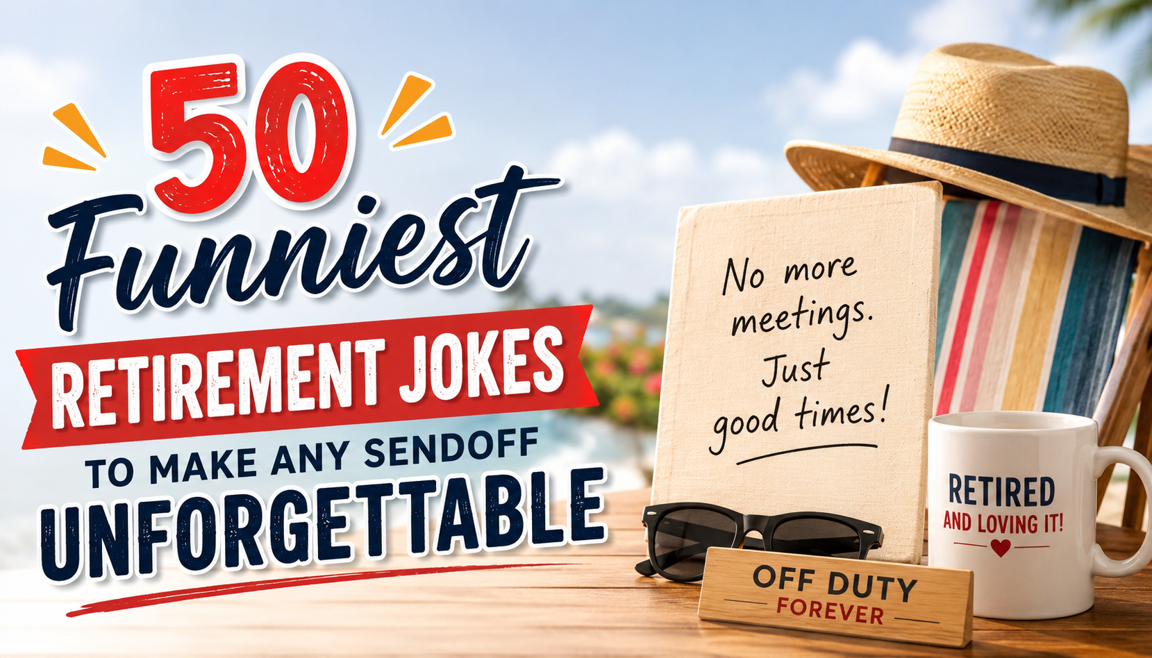 Professional blog thumbnail for “50 Funniest Retirement Jokes to Make Any Sendoff Unforgettable,” featuring bold retirement joke text, a beach chair, coffee mug, sunglasses, and playful retirement signs in a bright, cheerful setting.