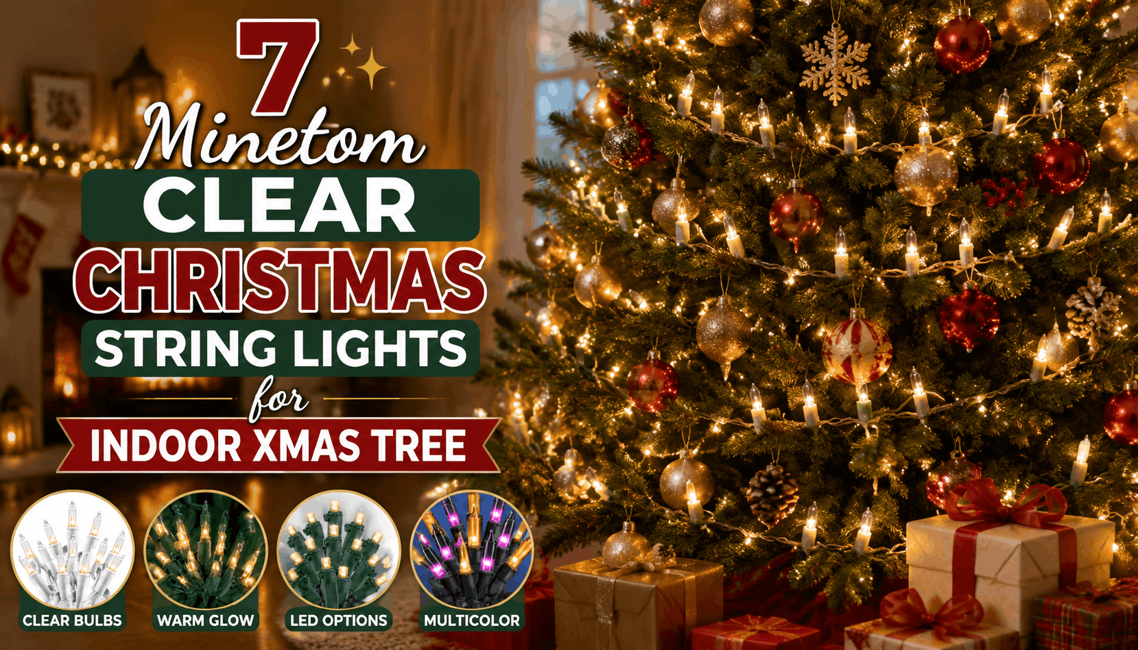 Festive indoor Christmas tree decorated with glowing Minetom clear string lights and LED bulb variations, showcasing warm holiday ambiance with colorful light options and cozy home décor background.