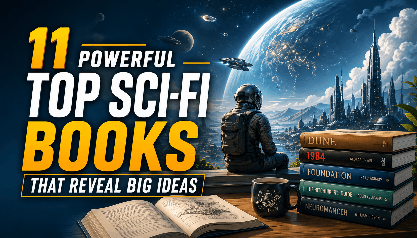 Sci-fi blog thumbnail showing an astronaut, futuristic city, glowing planet, spaceships, and a stack of famous science fiction books with bold title text.