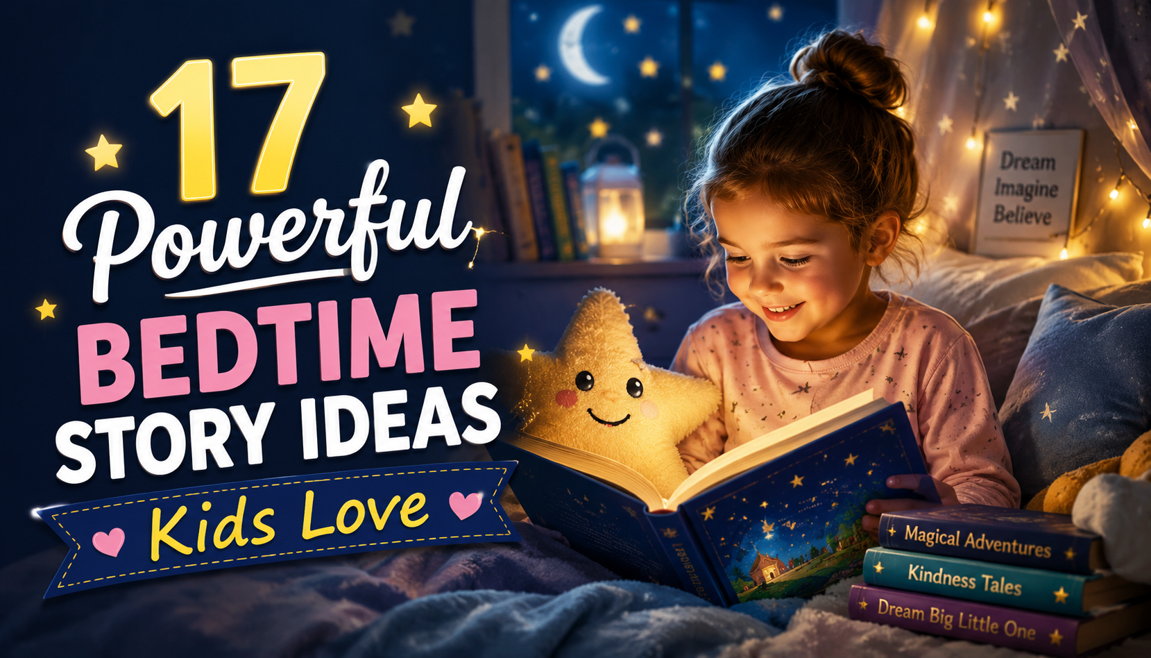 Child reading a bedtime story in a cozy room with glowing stars, books, and the title “17 Powerful Bedtime Story Ideas Kids Love.”
