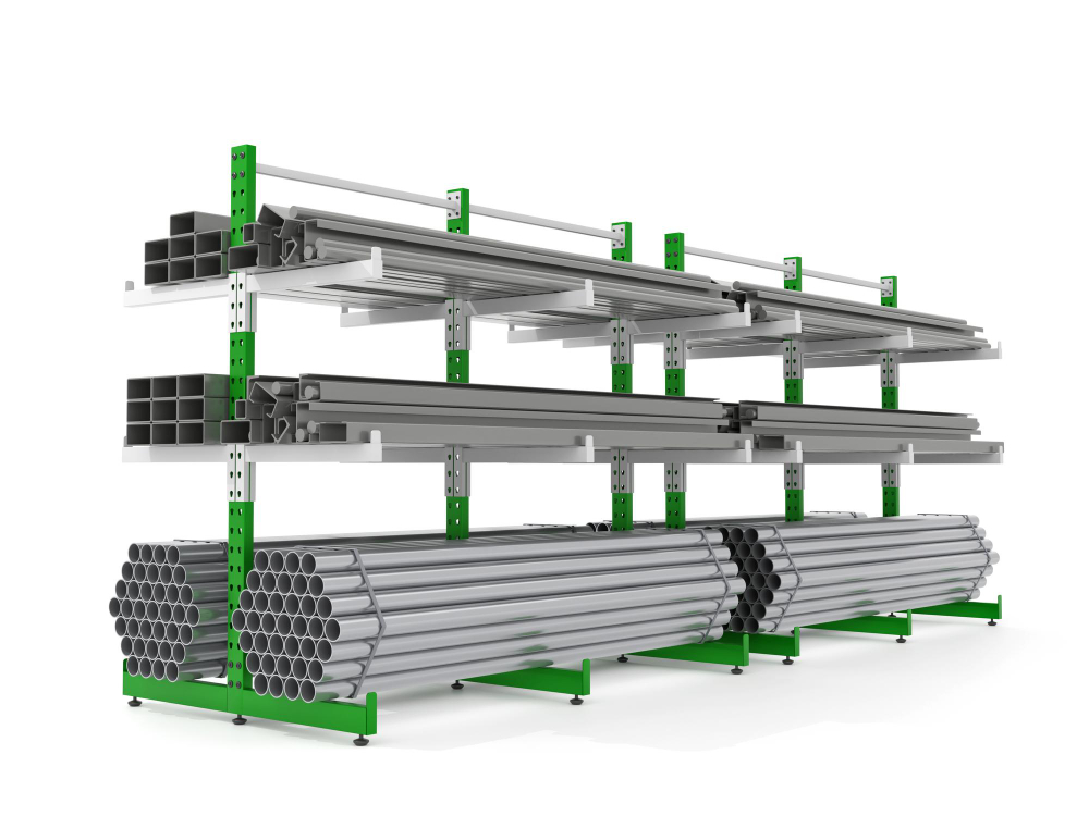 stacked steel pipes on green rack
