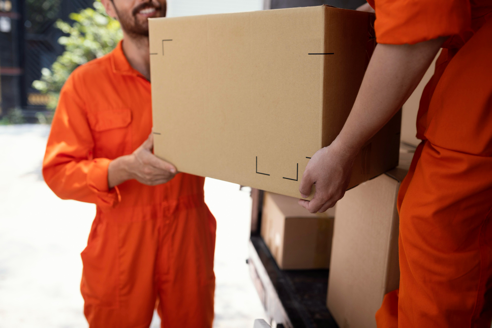 Moving service providers carrying box