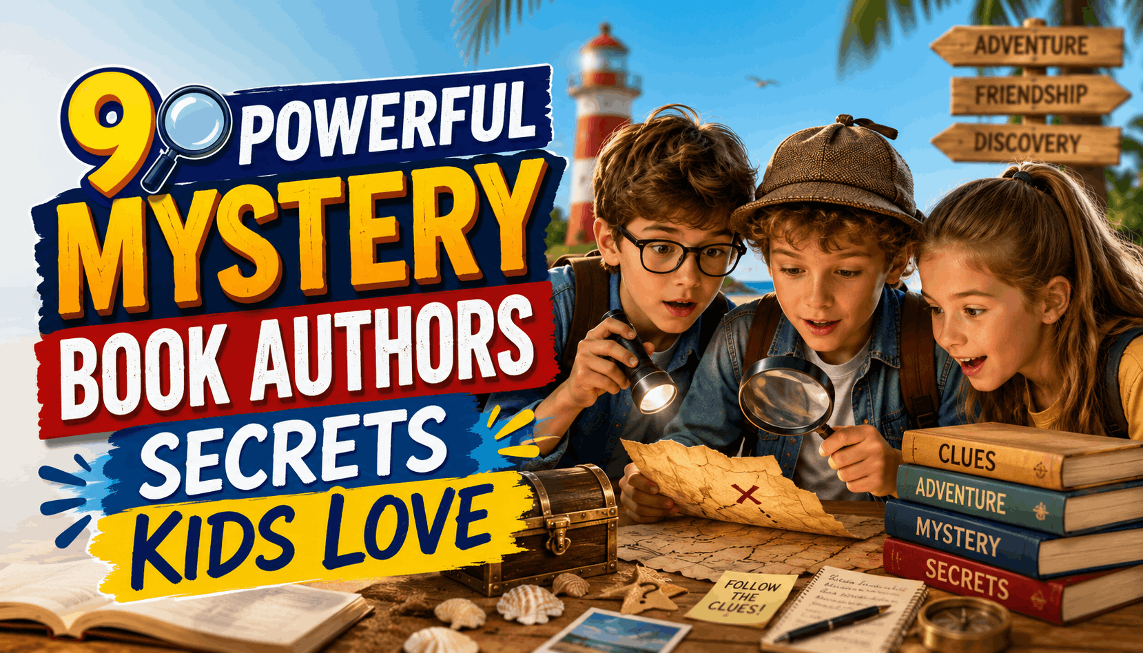Three young detectives studying a treasure map with clues, books, a magnifying glass, and a beach lighthouse background for a kids mystery book authors article.