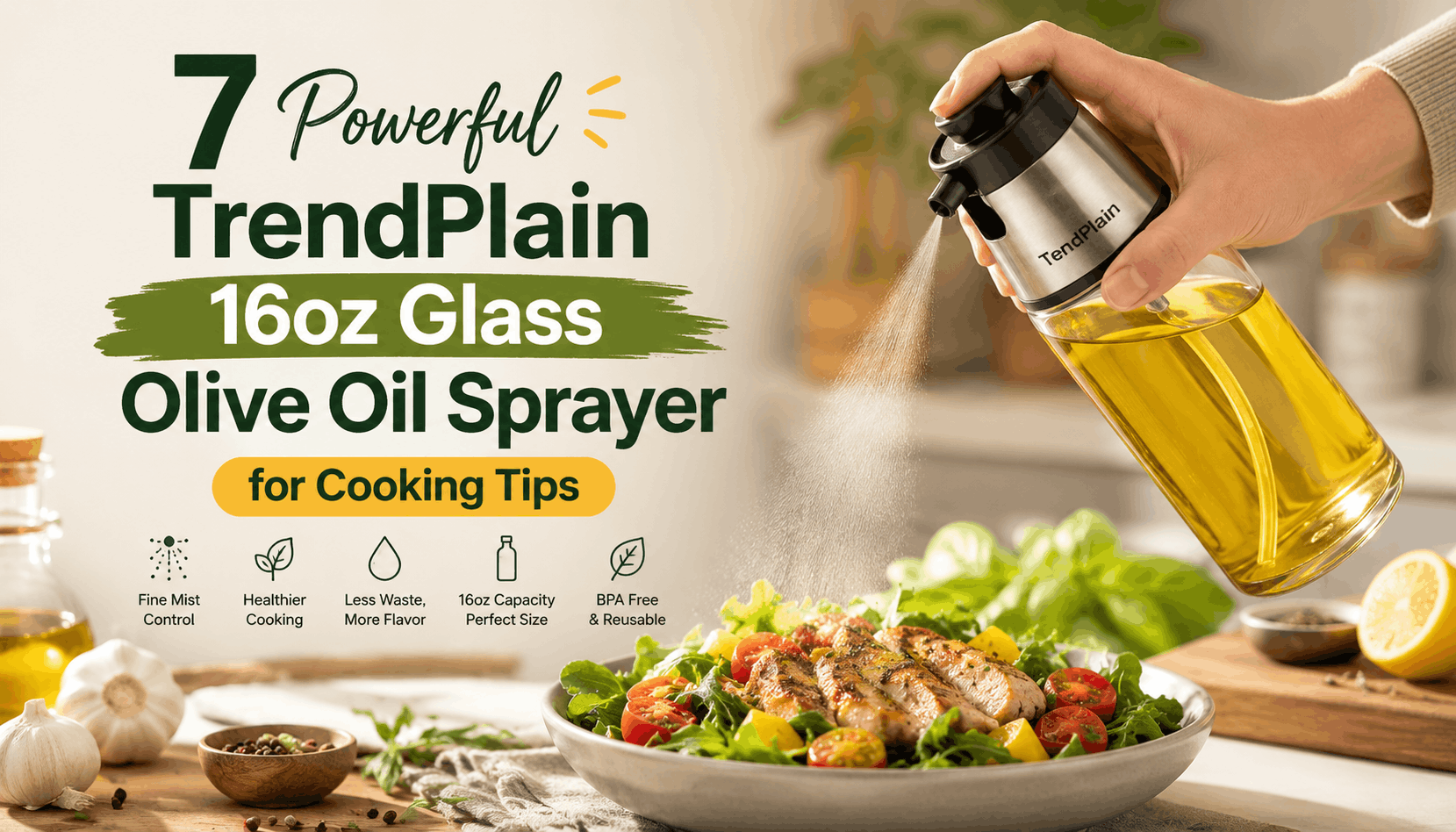 TrendPlain 16oz Glass Olive Oil Sprayer spraying oil over a fresh salad in a bright modern kitchen, with title text for cooking tips.