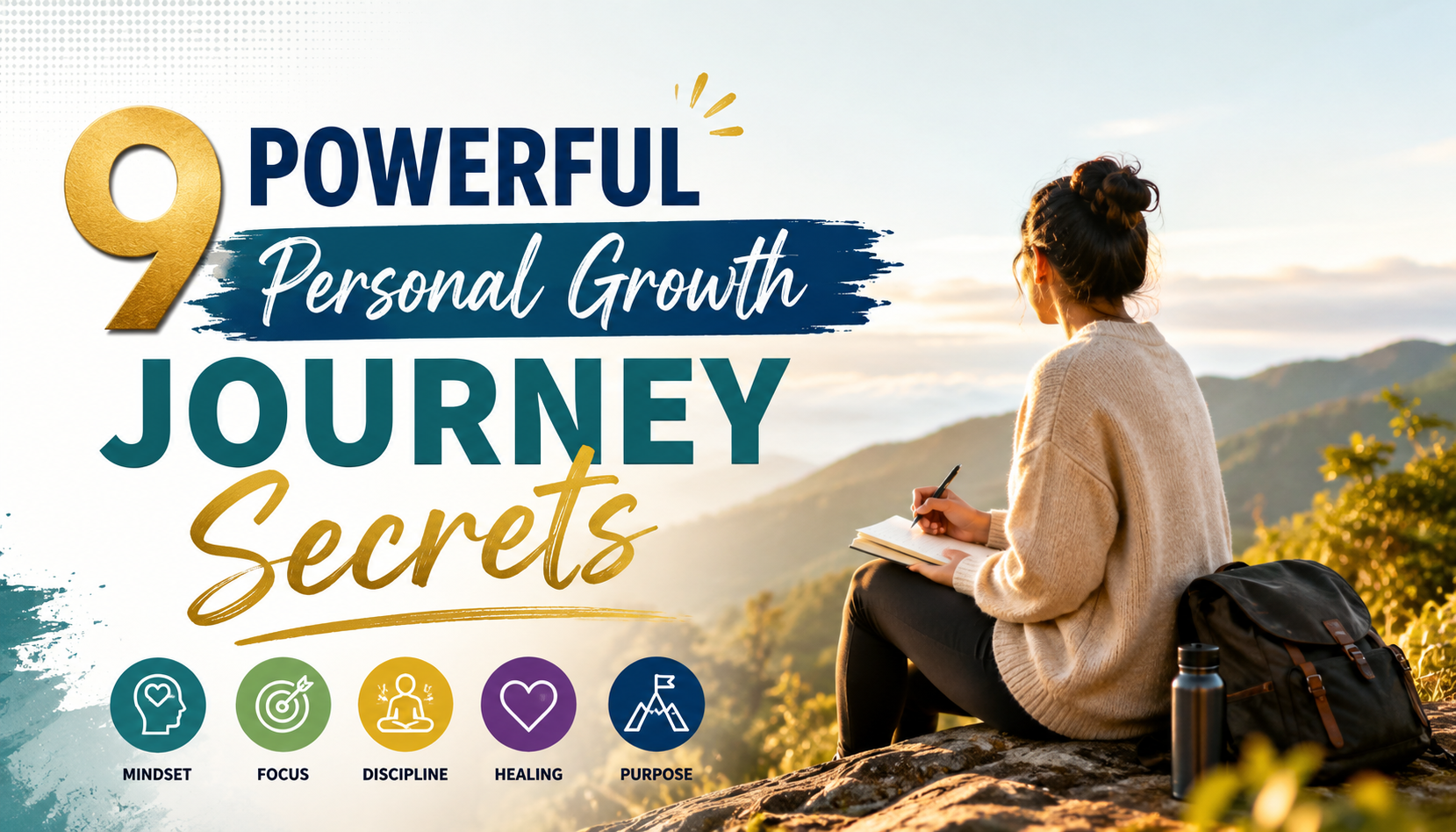 Woman journaling on a mountain at sunrise with the title “9 Powerful Personal Growth Journey Secrets.”