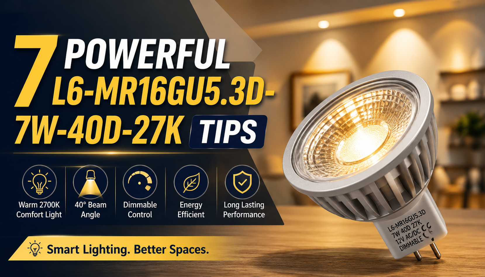 Modern blog thumbnail showing an MR16 LED bulb with warm 2700K lighting, 40 degree beam angle, dimmable control, and energy-efficient features for L6-MR16GU5.3D-7W-40D-27K lighting tips.