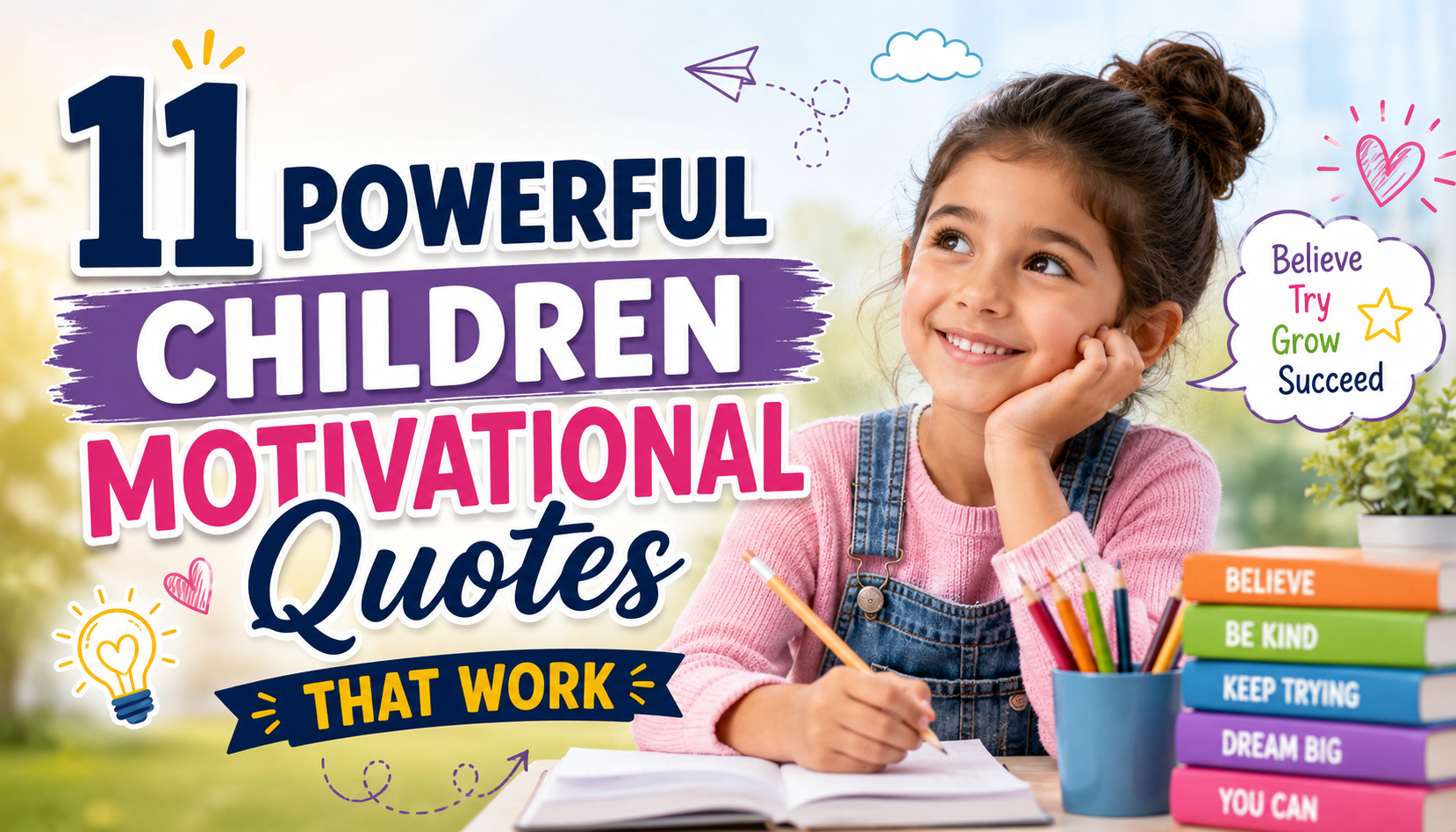 A smiling child writing in a notebook with colorful books and motivational words, representing children motivational quotes for learning, confidence, and growth.