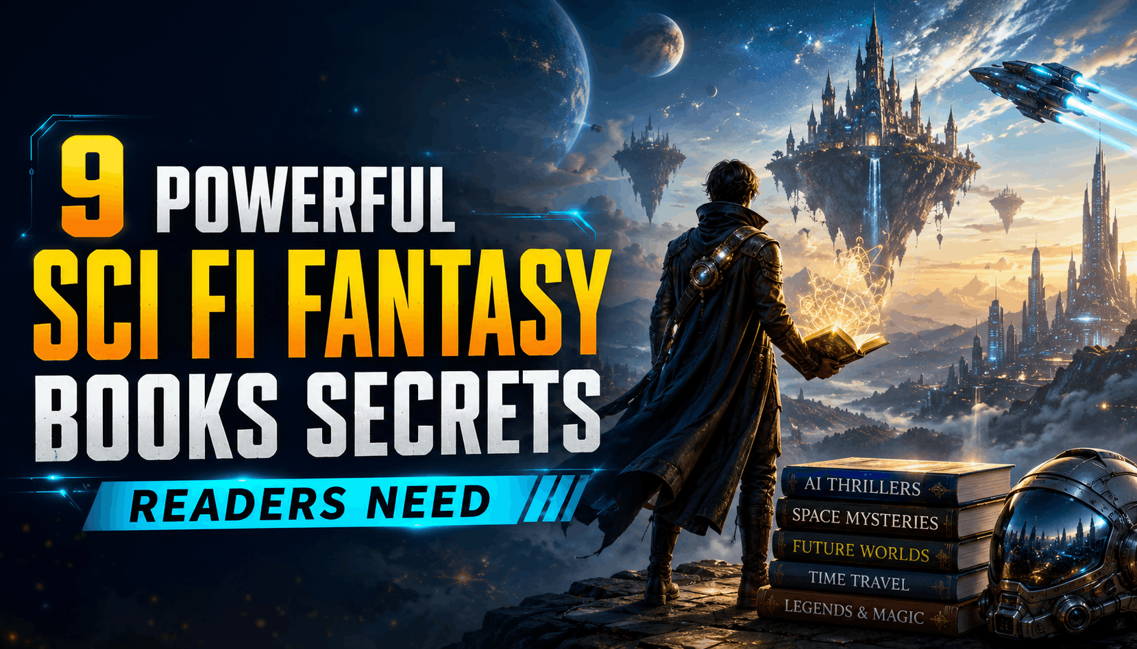 Sci fi fantasy books banner with futuristic city, glowing book, spaceship, planets, and magical fantasy world.
