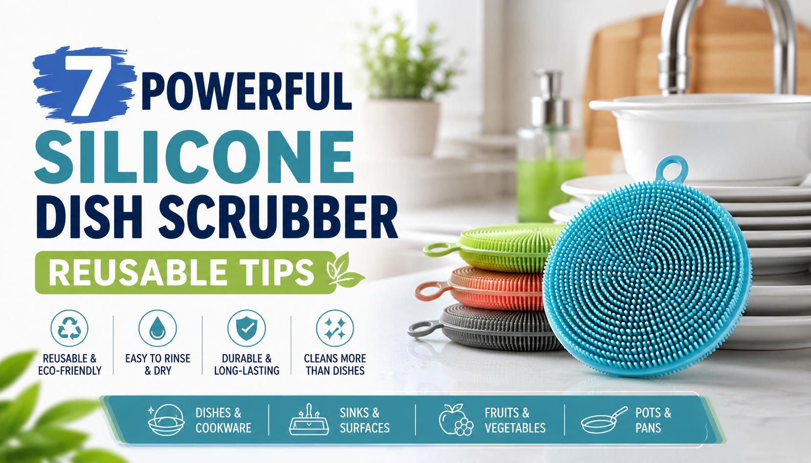 Silicone dish scrubbers beside clean plates in a bright modern kitchen, showing reusable cleaning tools for dishes, sinks, cookware, and kitchen surfaces.