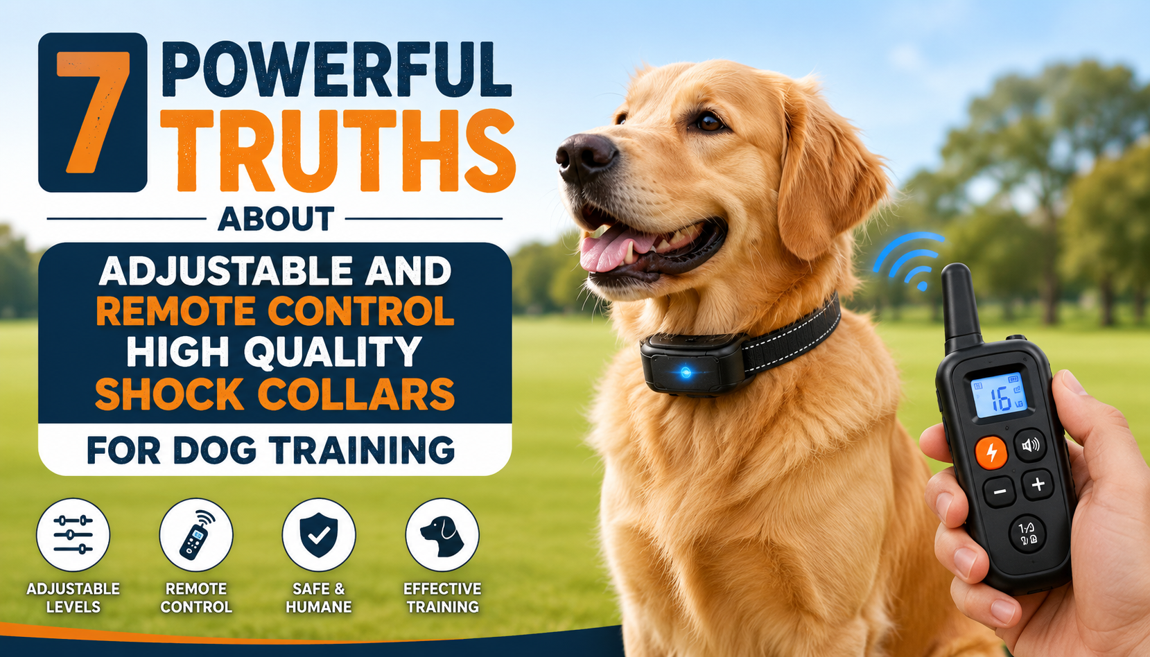 Professional blog banner showing a golden retriever wearing an adjustable training collar, with a hand holding a remote control device, illustrating remote dog training concepts in a park setting with clean, modern promotional design.