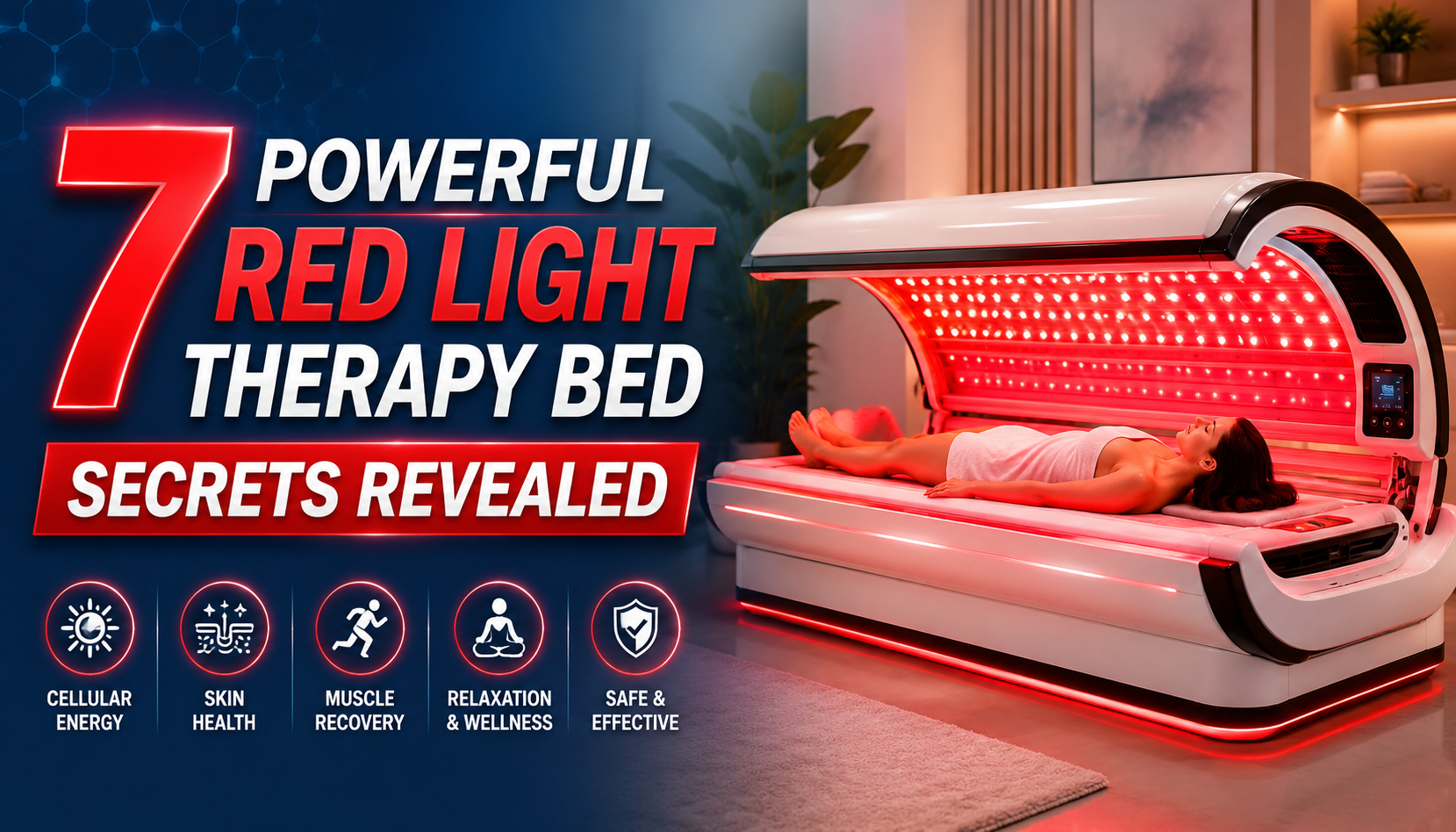 Red light therapy bed glowing in a modern wellness room with the title “7 Powerful Red Light Therapy Bed Secrets Revealed.”