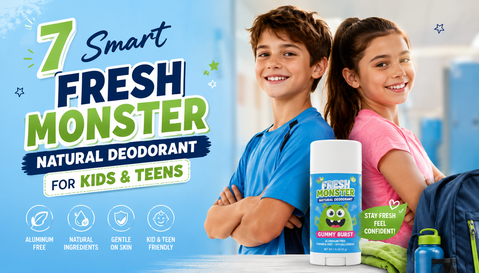 Fresh Monster Natural Deodorant for Kids & Teens blog thumbnail showing smiling children, a deodorant stick, school items, and clean fresh hygiene icons.