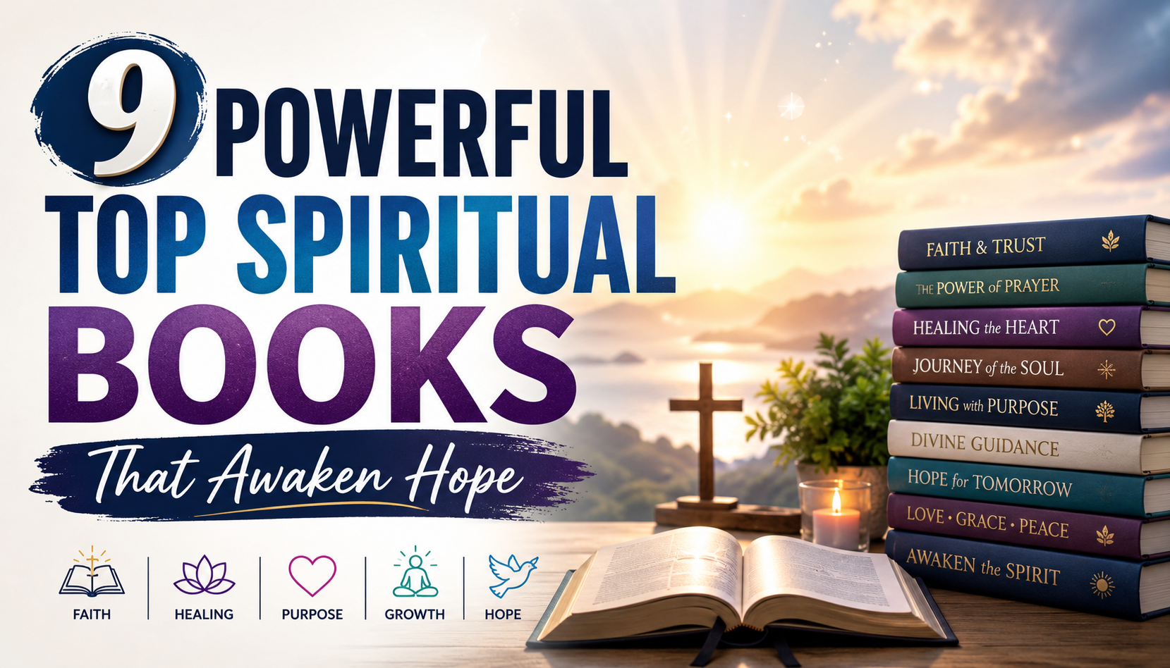A hopeful spiritual books blog thumbnail featuring an open book, stacked faith-inspired books, a candle, cross, sunrise, and the title “9 Powerful Top Spiritual Books That Awaken Hope.”