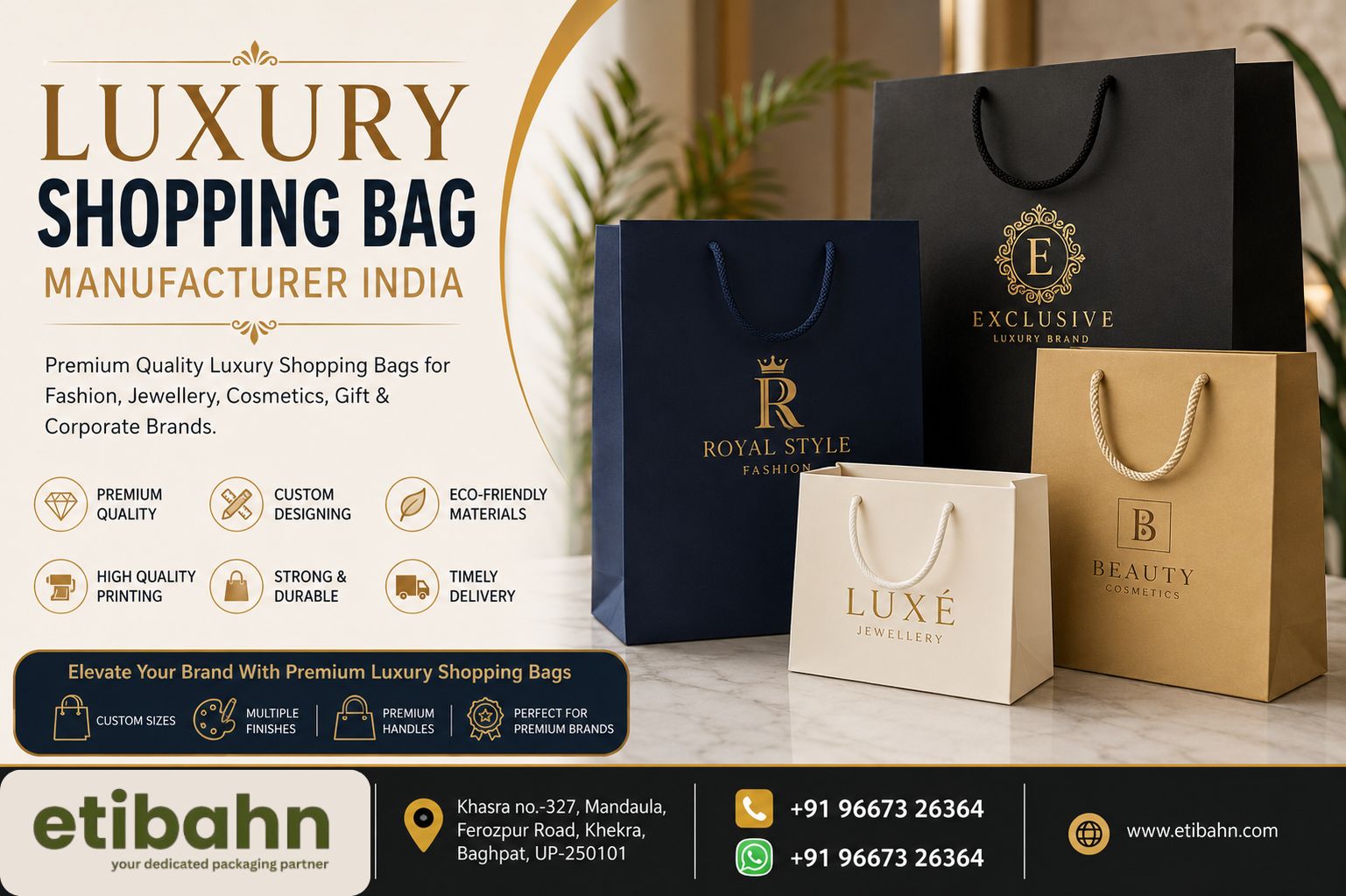Luxury shopping bag manufacturer India offering premium custom paper bags for fashion brands, retail stores, boutiques, and luxury businesses.