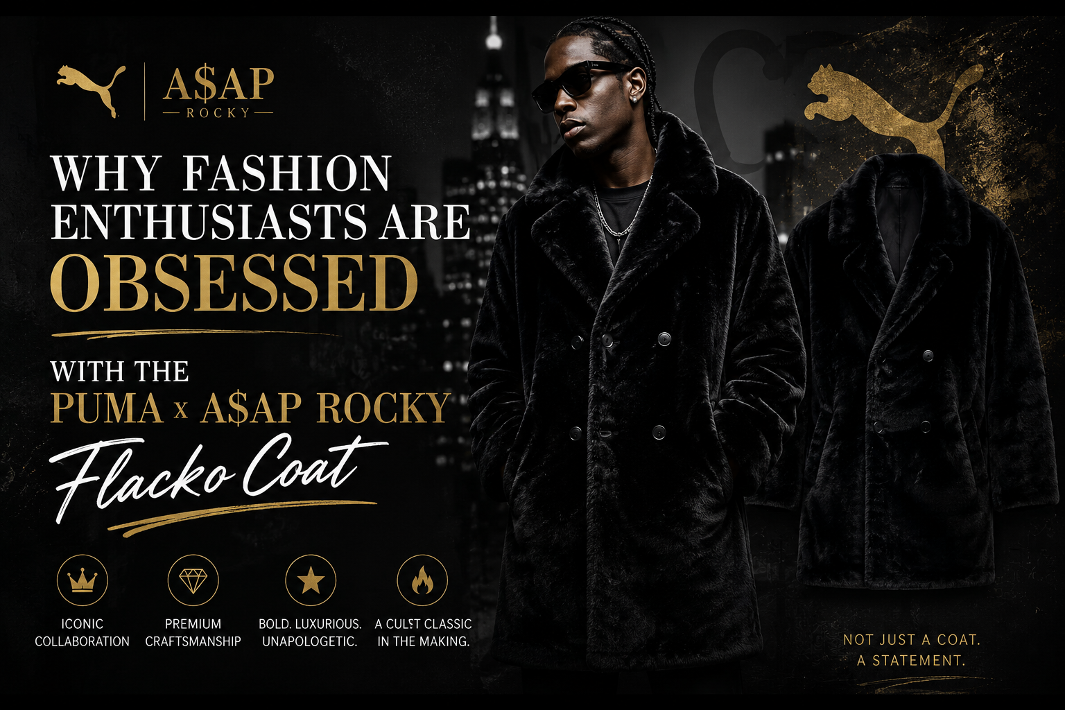 Order Rapper A$AP ROCKY x PUMA Black Fur Flacko Trench Coat Sale