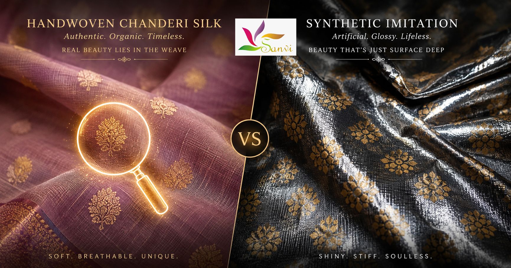 Close-up of a genuine handwoven pastel Chanderi silk suit with gold zari motifs showing translucent fabric texture.