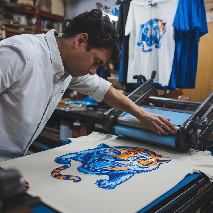 A guy is printing a lion on tee shirt