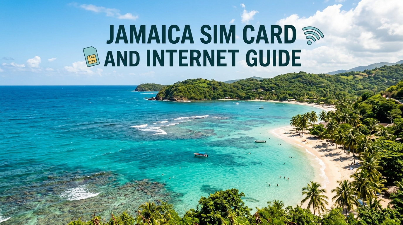 jamaica beach view with title jamaica sim card internet guide