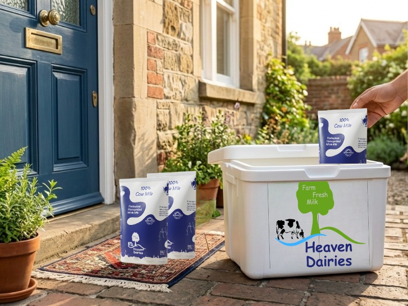 Heaven Dairies farm fresh milk delivery box placed at a customer's doorstep with sealed milk packs, showcasing safe and convenient home delivery service.