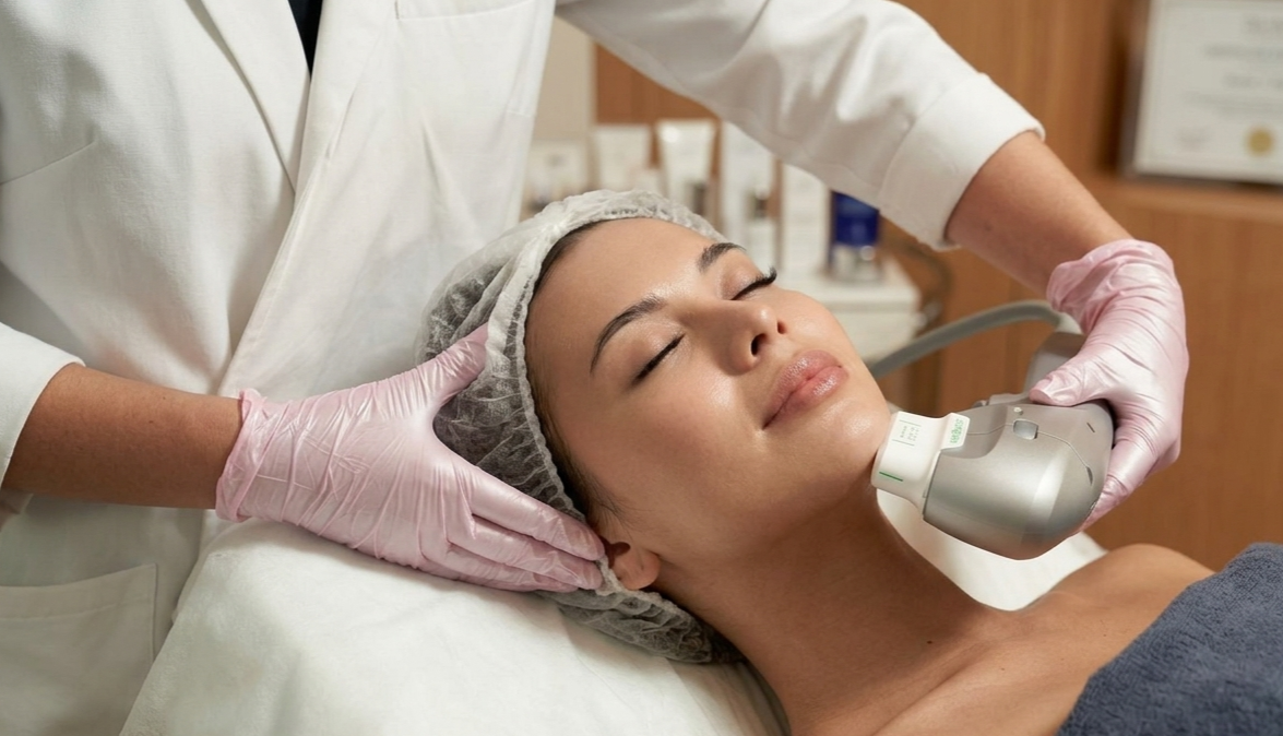 Woman getting a face lift treatment in a clinic