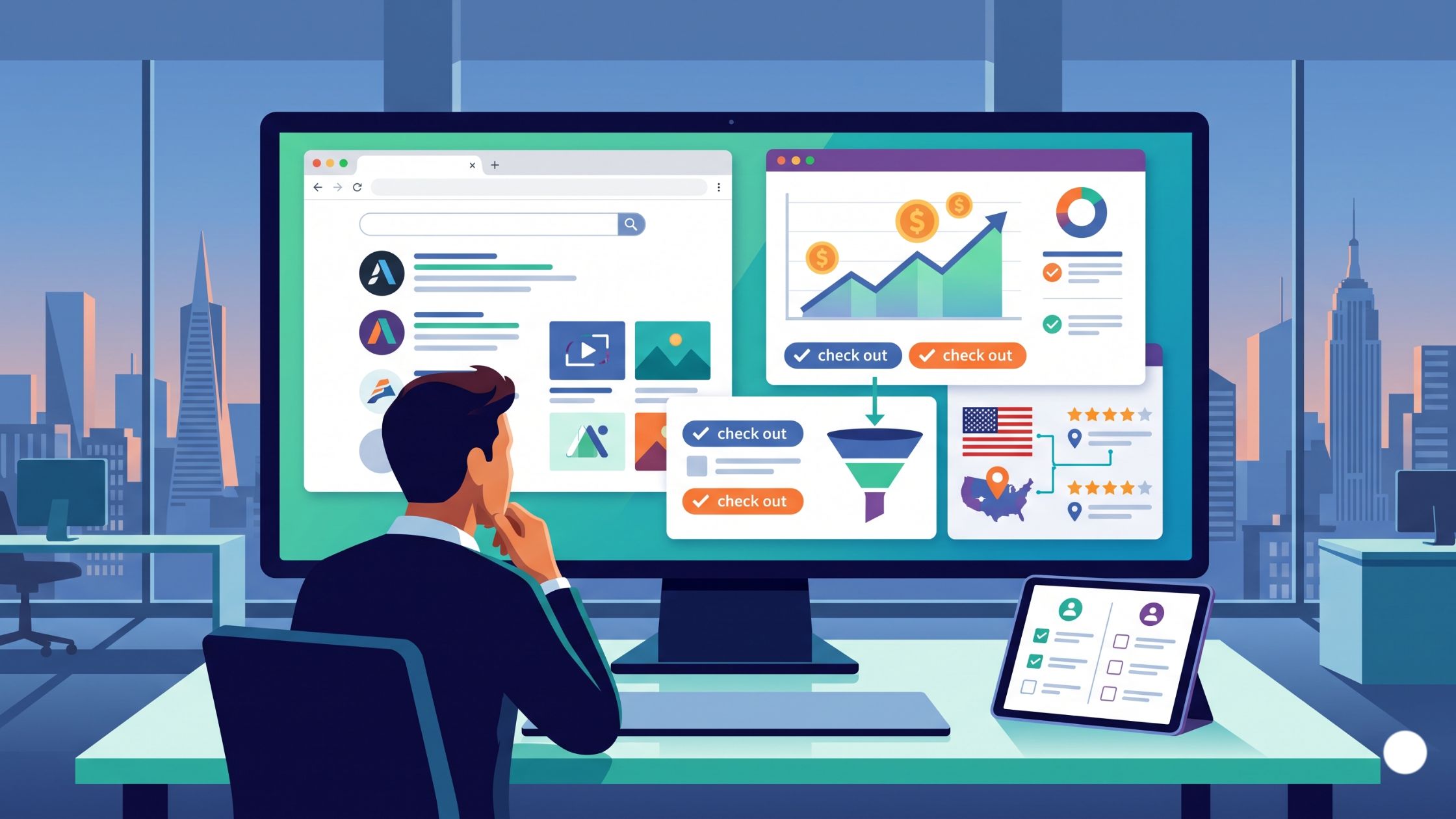 A modern illustration of a person evaluating several potential Webflow agency portfolios on screens, emphasizing conversion graphs and a selection process, set against a US city skyline background, without any text in the image.