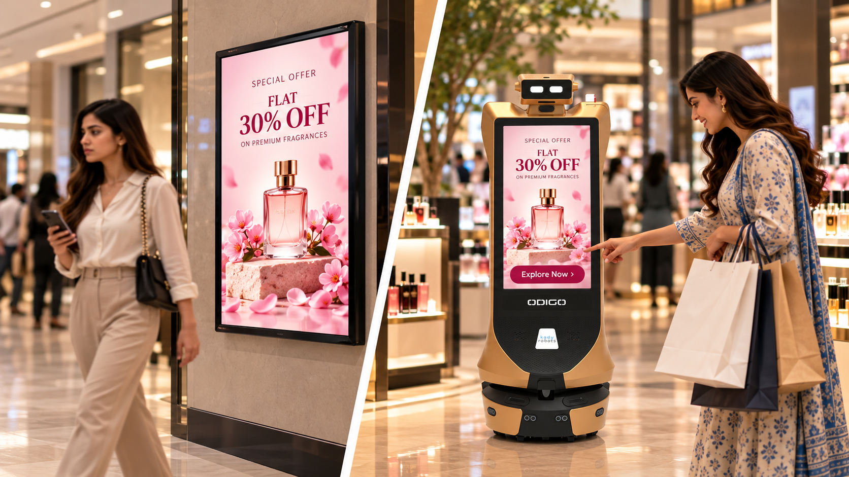 Golden Odigo advertising robot engaging shopper versus ignored fixed retail screen.