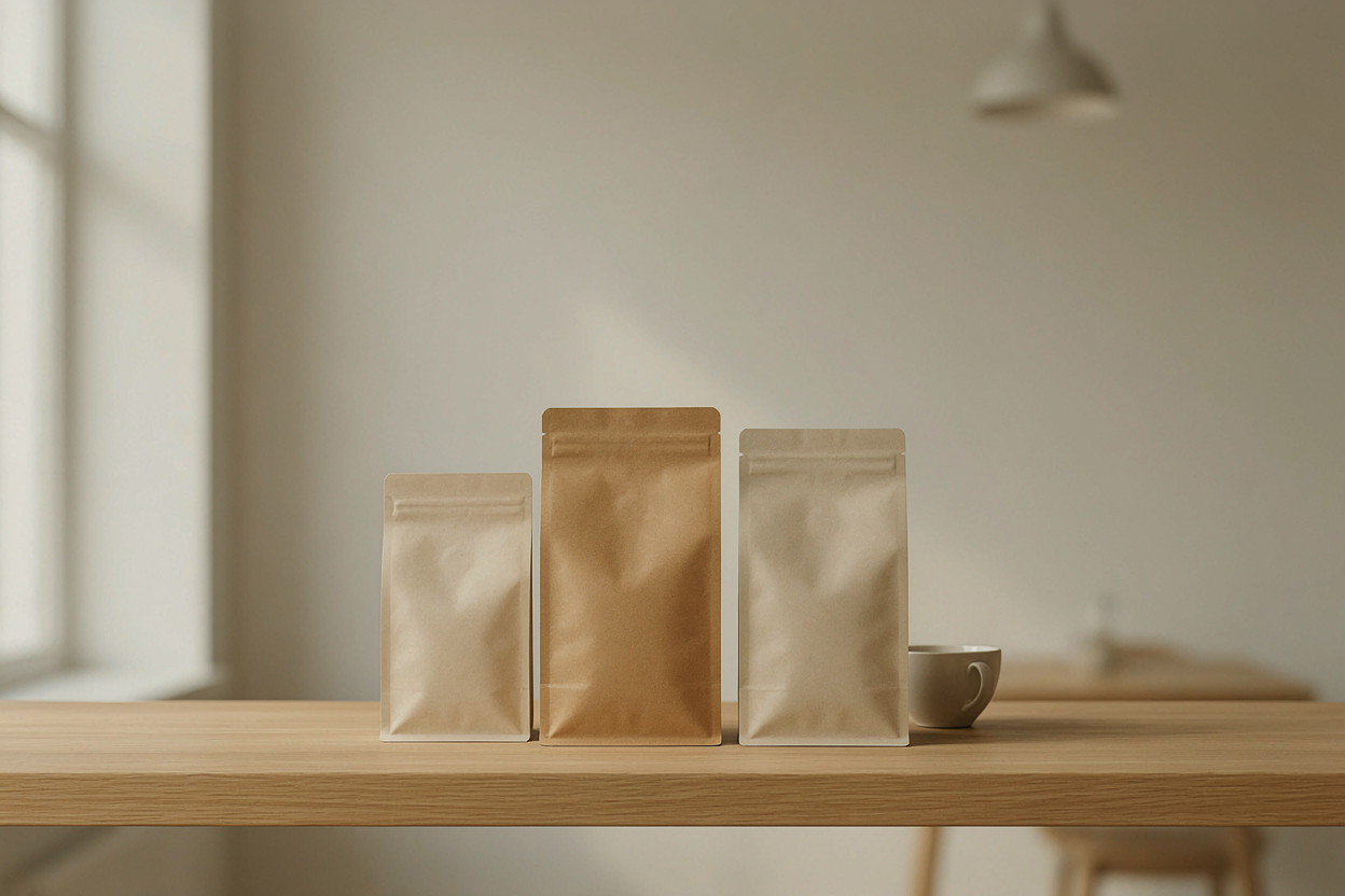 Specialty coffee bags with consistent brand design on a wooden shelf