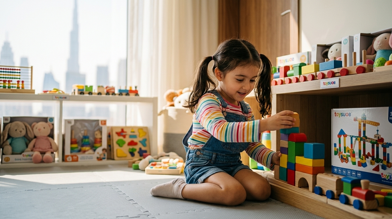 A young toddler playing happily with colorful wooden building blocks suitable for early age development.